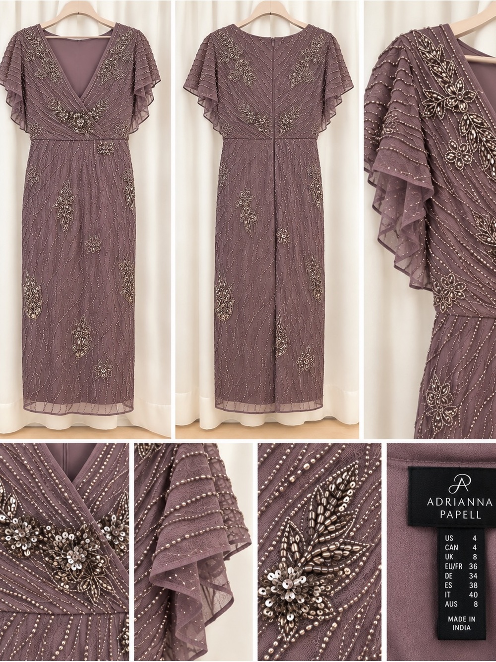 Adrianna Papell Mauve Beaded V-Neck Flutter Sleeve Midi Dress